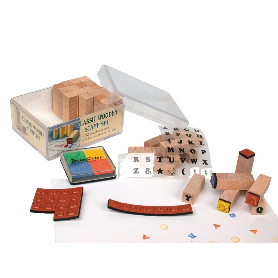 Coffret mini tampons alphabet majuscule en bois Coffret mini tampons alphabet majuscule en bois