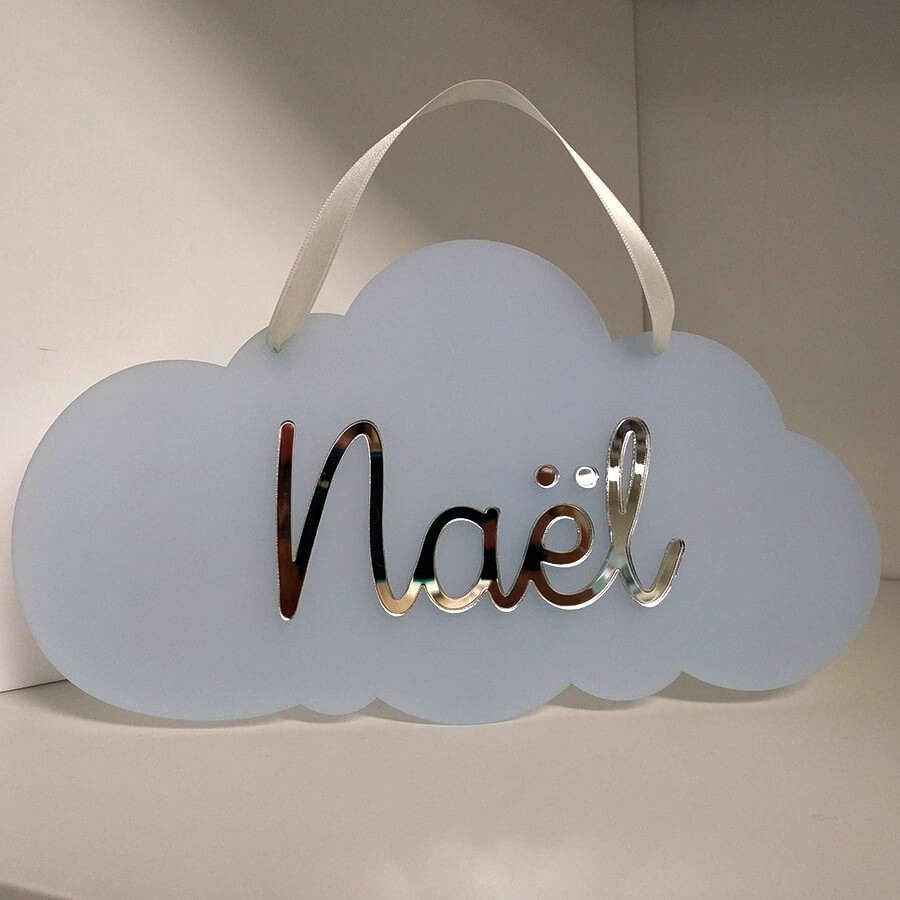 Plaque de porte chambre avec prénom personnalisé - nuage bleu
