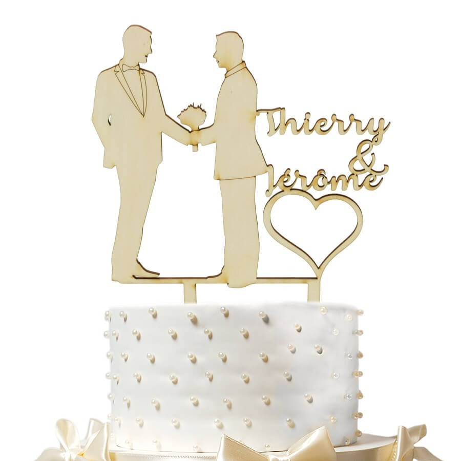 Cake topper mariage gay personnalisé en bois - 2 hommes mariés