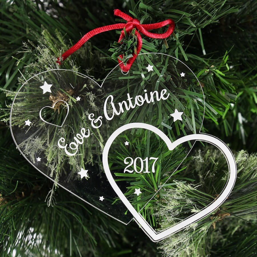 Boule de Noël Coeur prénoms couple à personnaliser