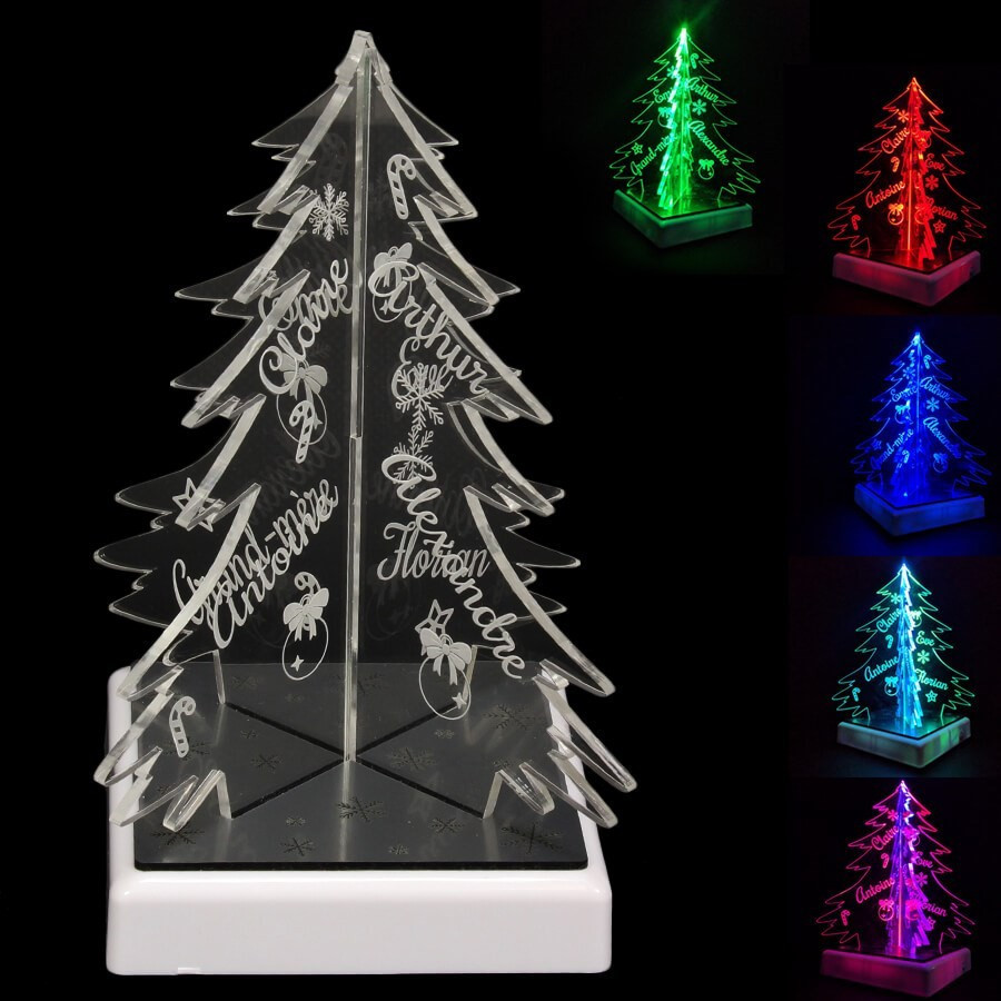 Sapin de table lumineux en 3D sur socle LED, à personnaliser avec pré Sapin de table lumineux en 3D sur socle LED, à personnaliser avec pré