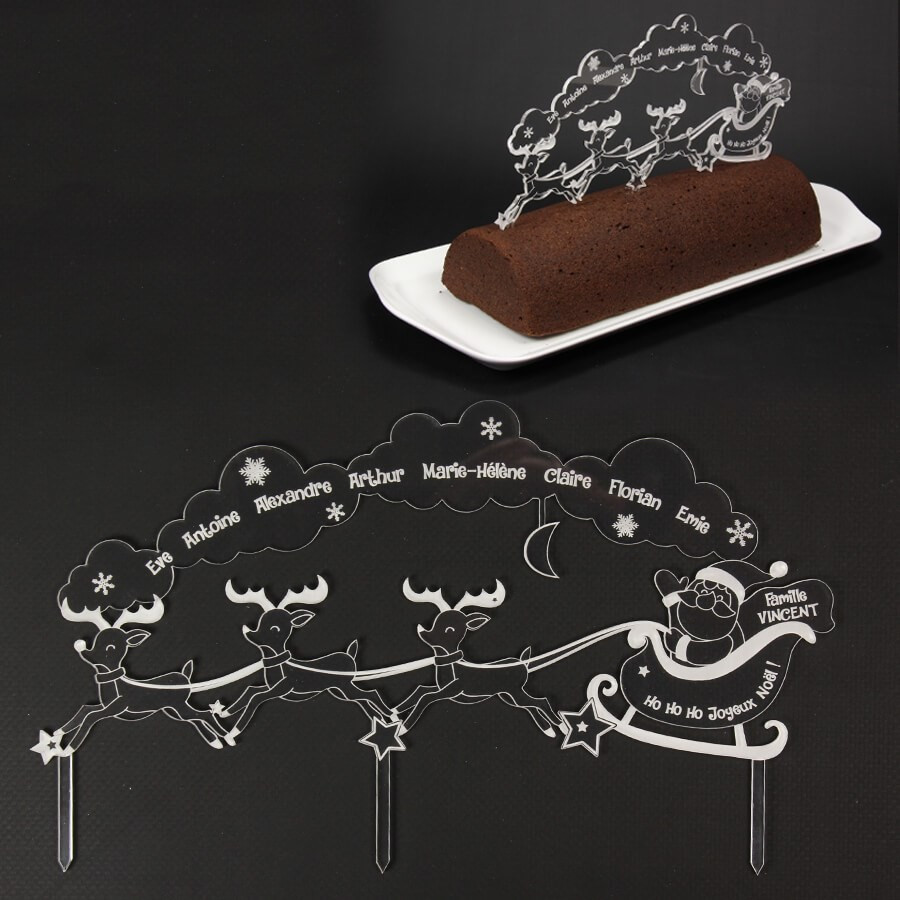 Topper décor de bûche de noël personnalisable - Père Noël et traineau