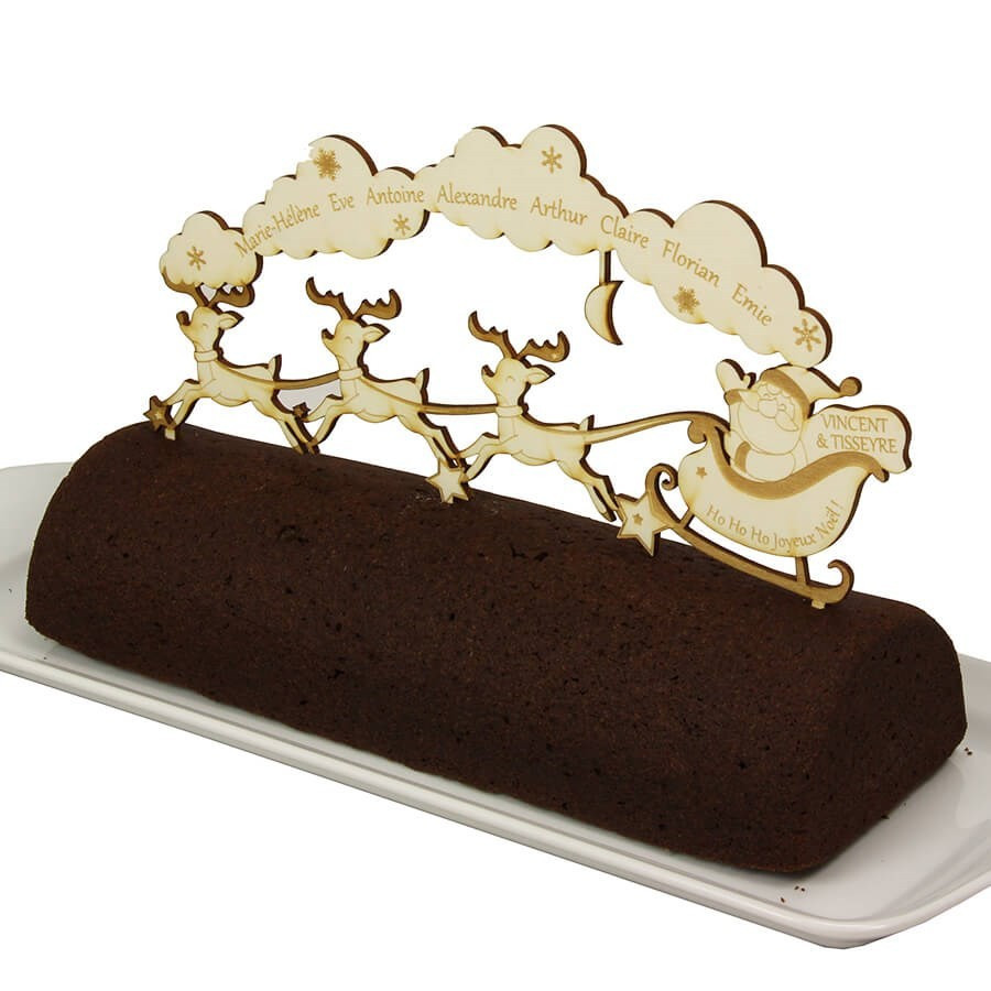 Décor de bûche de noël en bois à personnaliser - Père Noël traineau