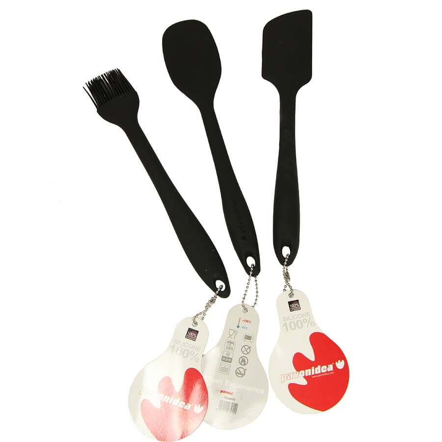 Lot de 3 ustensiles silicone noir Pavoni - spatule, cuillère, pinceau Lot de 3 ustensiles silicone noir Pavoni - spatule, cuillère, pinceau