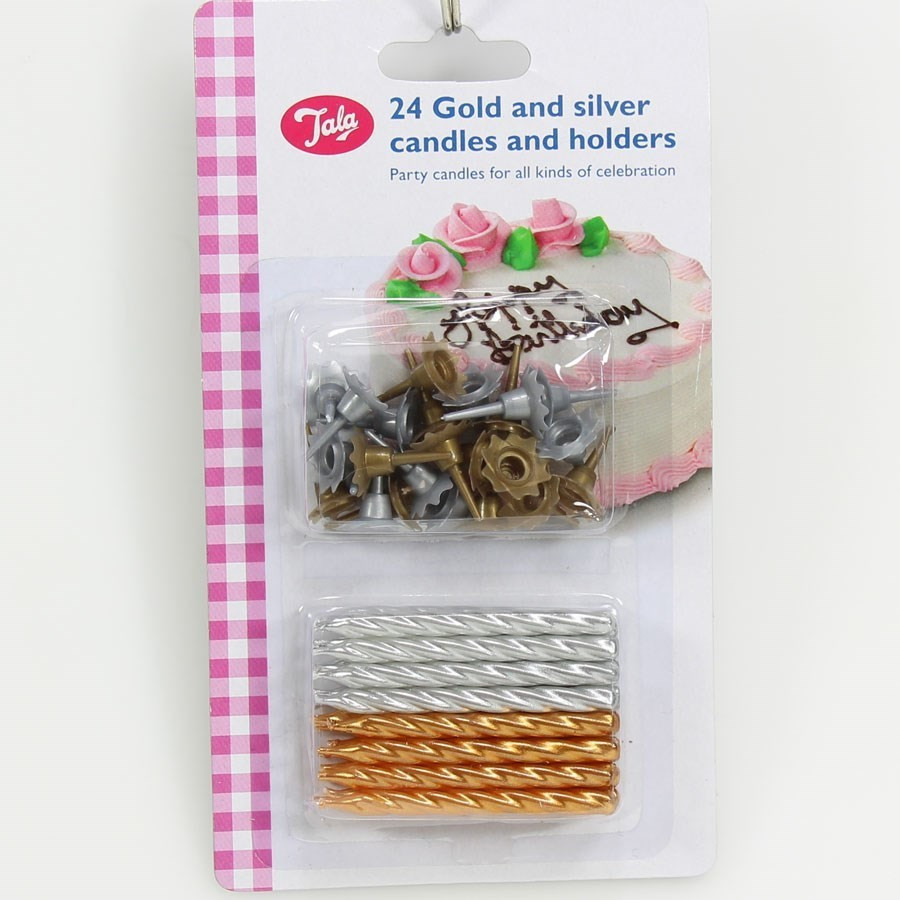 Pack 24 bougies anniversaire et 24 supports - or et argent Pack 24 bougies anniversaire et 24 supports - or et argent