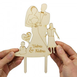 Cake topper personnalisable mariage bois - Famille avec bébé et fille