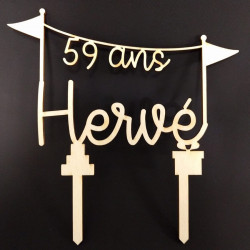 Cake topper prénom et âge anniversaire en bois personnalisé - Fanions