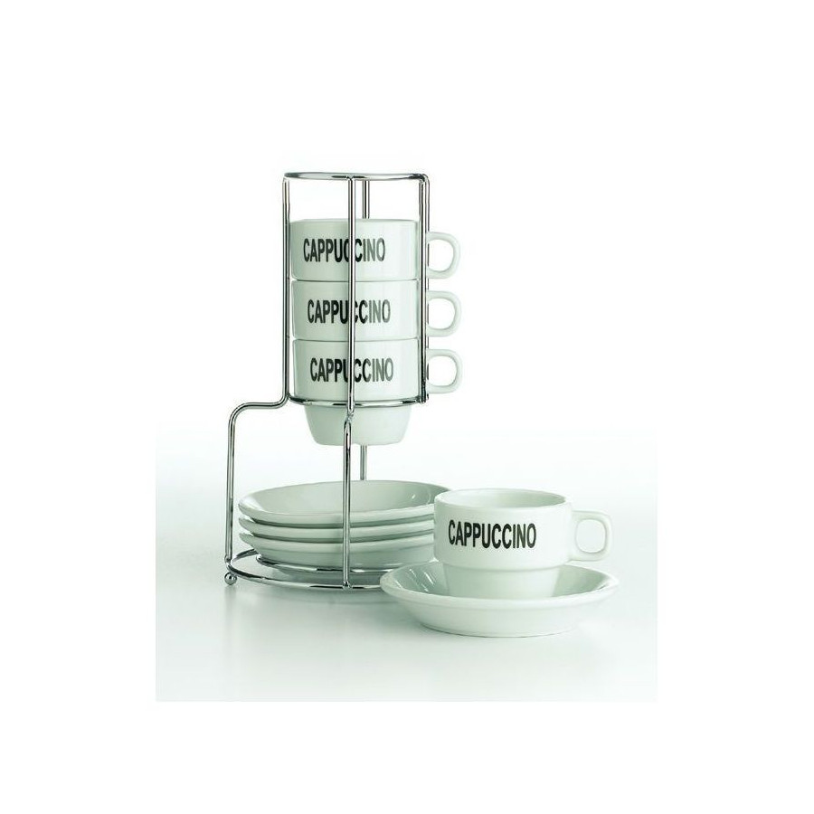 Set de 4 tasses cappucino sur support chrome Set de 4 tasses cappucino sur support chrome