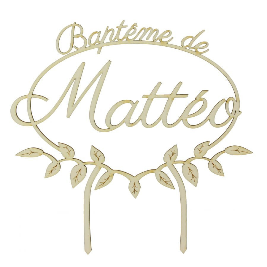 Cake topper prénom baptême champêtre personnalisable en bois