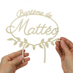 Cake topper prénom baptême champêtre personnalisable en bois