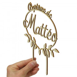 Cake topper prénom baptême champêtre personnalisable en bois