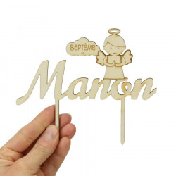 Cake topper personnalisable prénom baptême bois - Ange