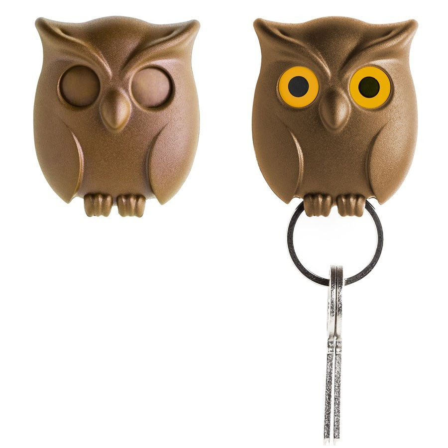 Porte clés chouette, hibou en cuir marron et bleu