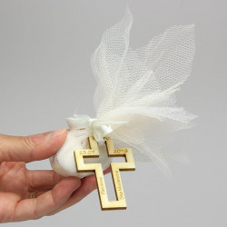 Cadeau souvenir baptême personnalisé en bois - Croix catholique