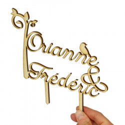 Cake topper mariage personnalisé en bois - prénoms arbre et oiseau