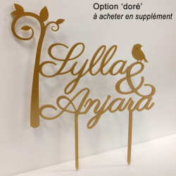 Cake topper mariage personnalisé en bois - prénoms arbre et oiseau