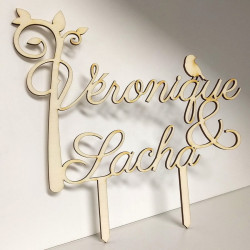 Cake topper mariage personnalisé en bois - prénoms arbre et oiseau