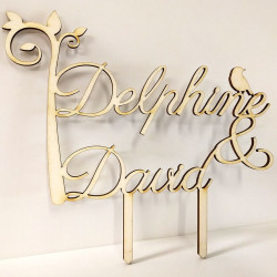 Cake topper mariage personnalisé en bois - prénoms arbre et oiseau