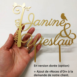 Cake topper mariage personnalisé en bois - prénoms arbre et oiseau