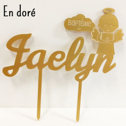 Cake topper personnalisable prénom baptême bois - Ange