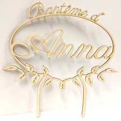 Cake topper prénom baptême champêtre personnalisable en bois