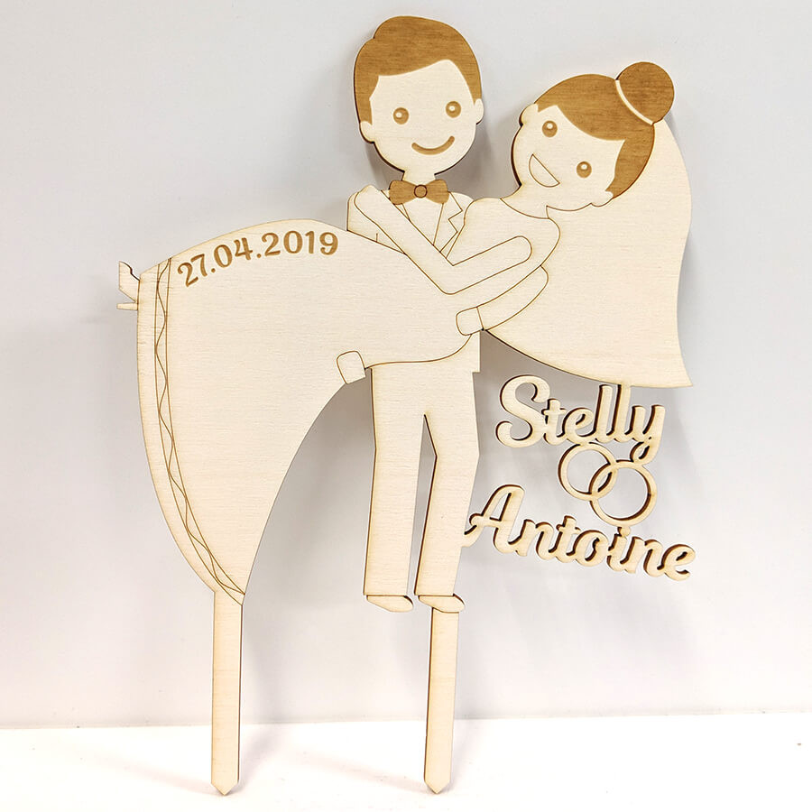 Cake topper mariage personnalisé en bois - couple rigolo