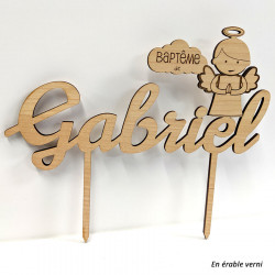 Cake topper personnalisable prénom baptême bois - Ange