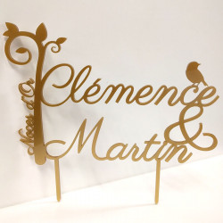 Cake topper mariage personnalisé en bois - prénoms arbre et oiseau