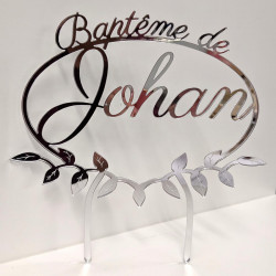 Cake topper prénom baptême champêtre personnalisable en bois