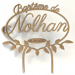 Cake topper prénom baptême champêtre personnalisable en bois