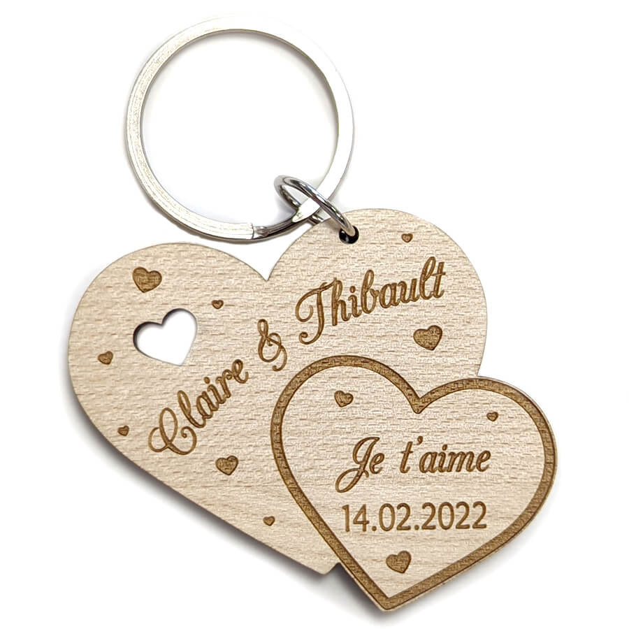 Porte clés mariage couple personnalisé bois massif - coeur