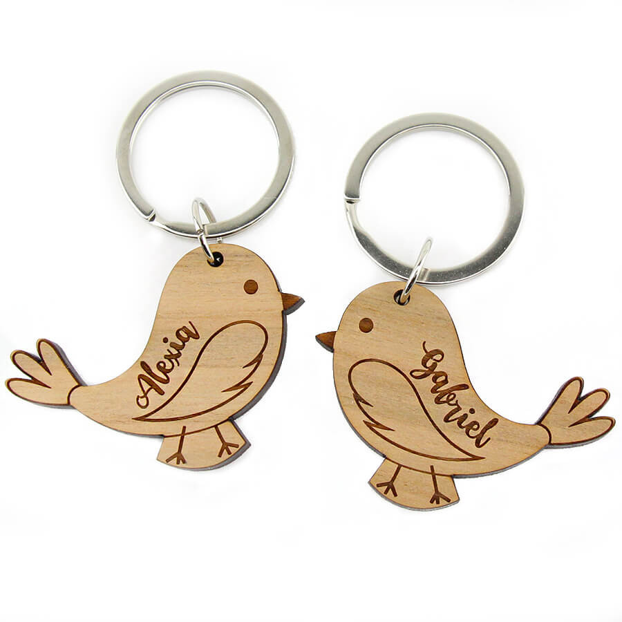 Porte clé couple inséparable - 2 oiseaux avec prénom gravé