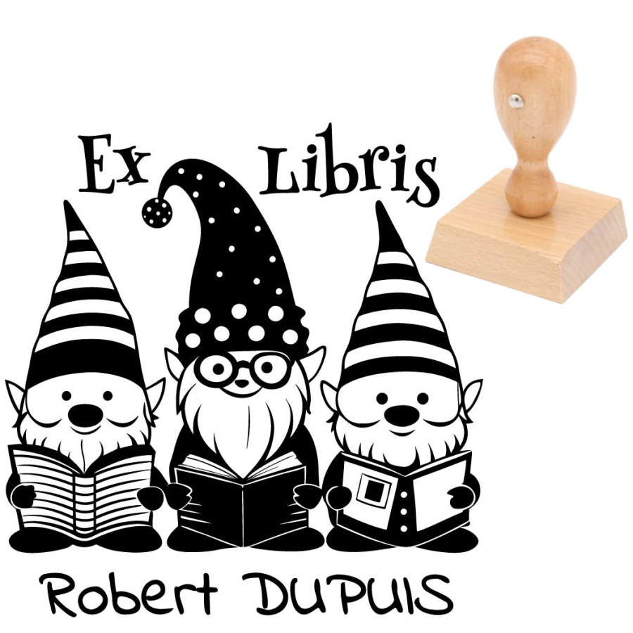 Tampon ex libris gnomes lecteurs personnalisé
