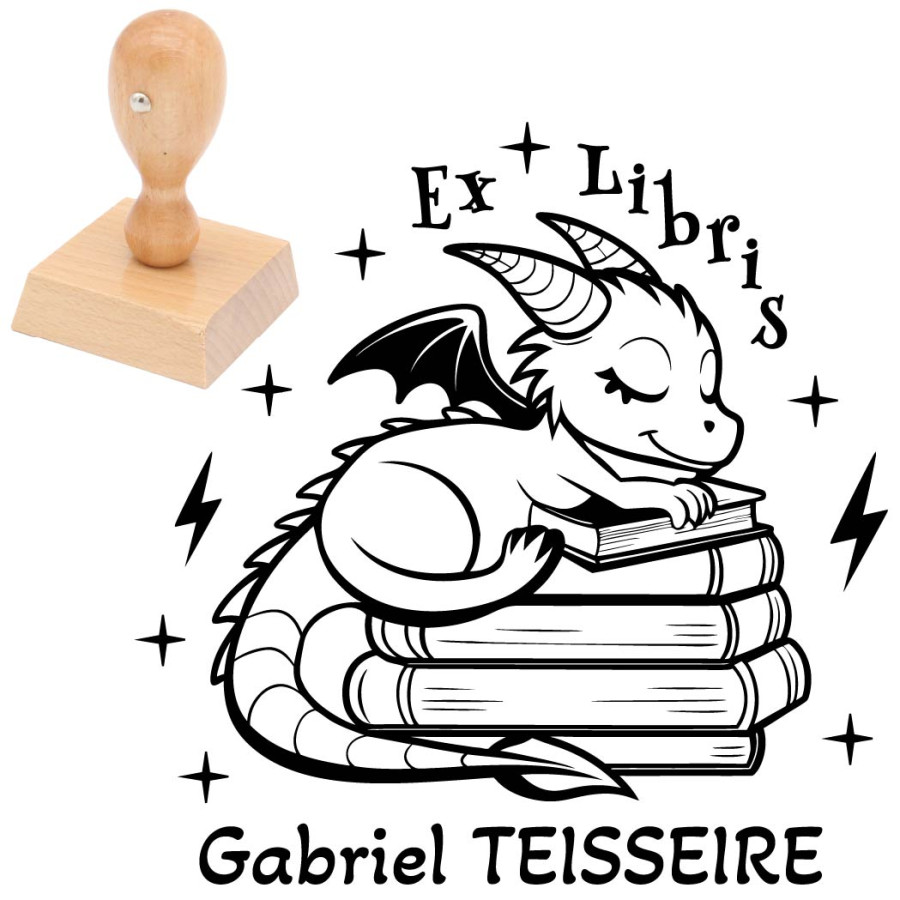 Tampon ex libris dragon sur livres personnalisé