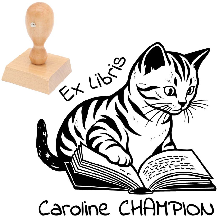 Tampon ex libris chat lecteur personnalisé