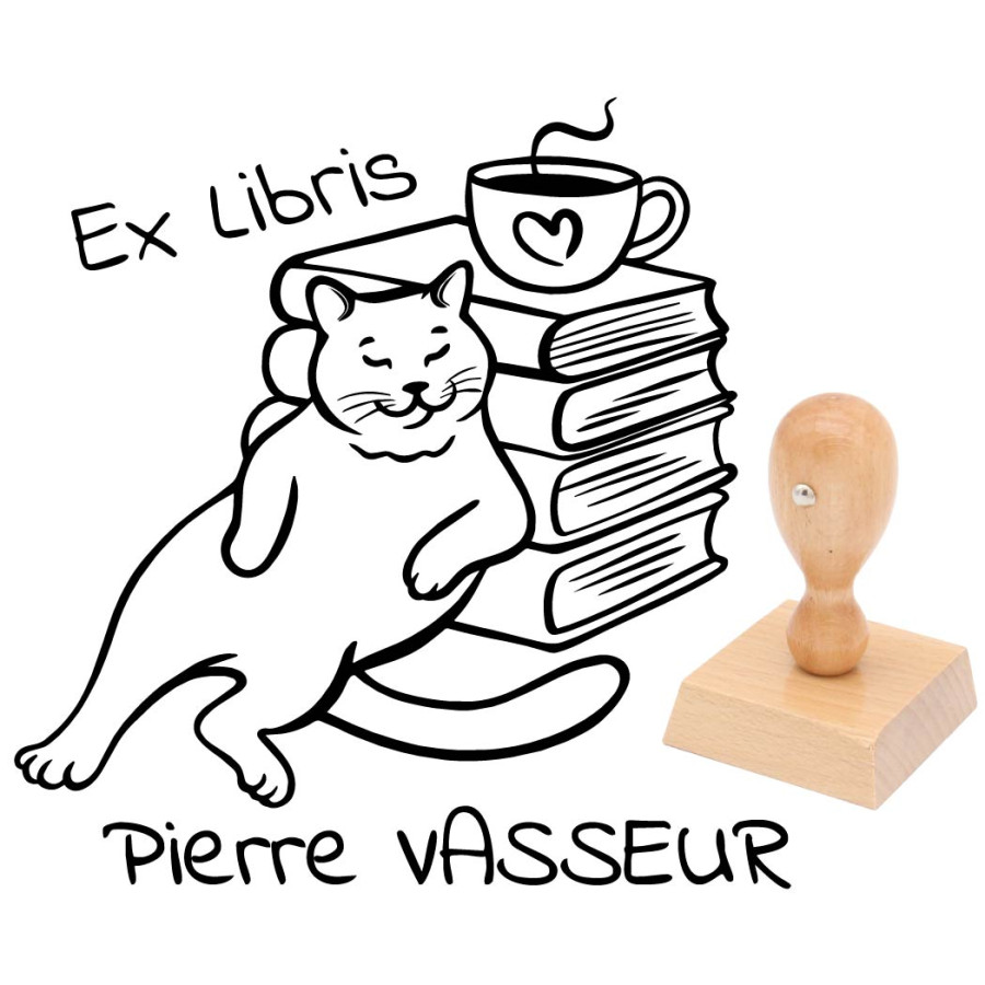 Tampon ex libris chat et café personnalisé