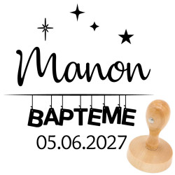 Tampon baptême personnalisé rond – prénom, date et motif